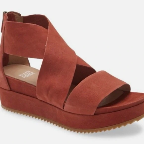 Eileen Fisher Brown Crisscross Nubuck Leather  Wedge Sandals - Picture 12 of 16